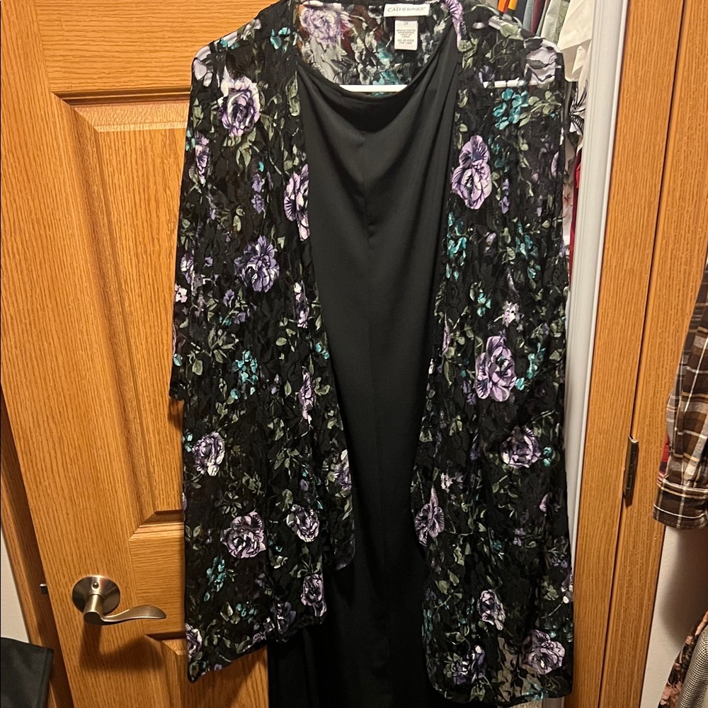 Catherines Black Dress with Purple Floral Lace Cardigan